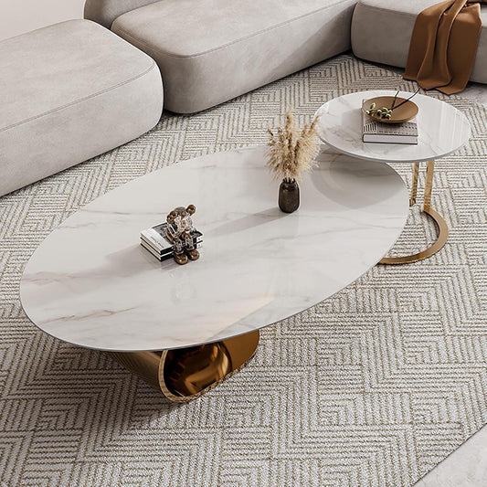 Modern Oval Marble Coffee Table Set of 2 Center Table Stainless Steel Luxury