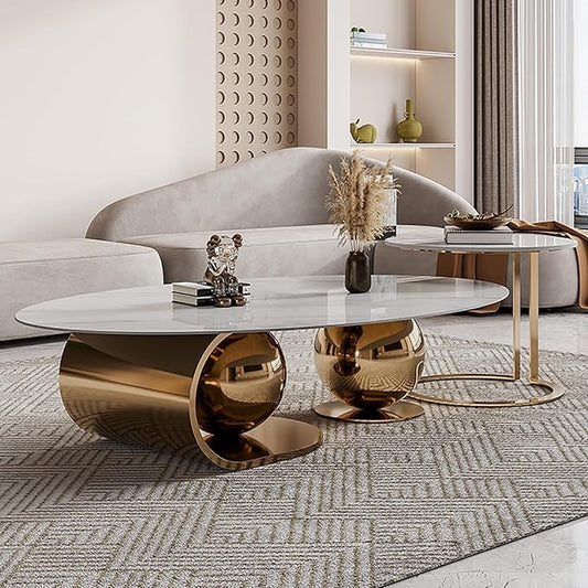 Modern Oval Marble Coffee Table Set of 2 Center Table Stainless Steel Luxury
